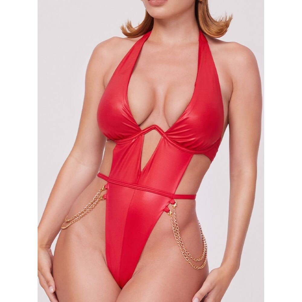 Yandy x Lana Rhoades Red Halter Bodysuit Vinyl Style Gold Chains NEW Size Small